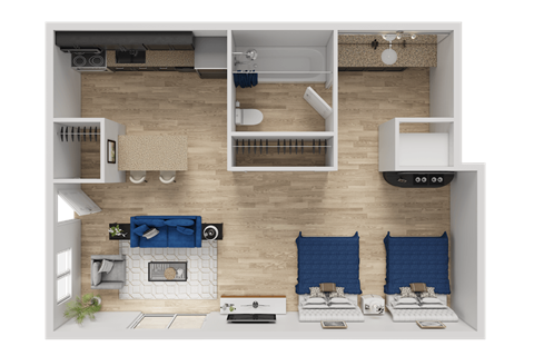 A top-down view of a living room with a fireplace, two chairs, and a dining table.
